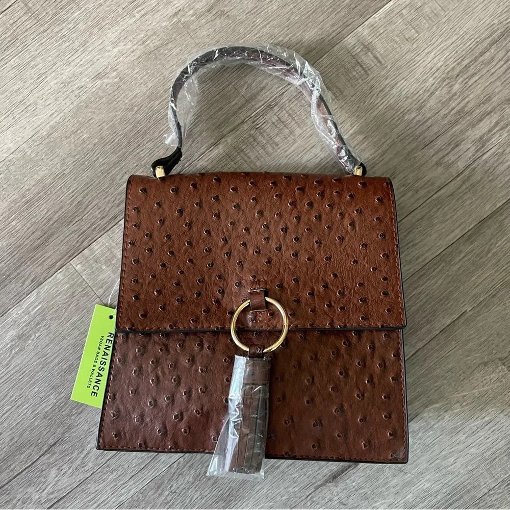 NWT Faux Leather Ostrich Pattern Tassel Top Handle Crossbody Bag Brown